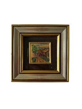 Vintage 80's Gold Leaf Framed Miniature Landscape Painting Made in Italy